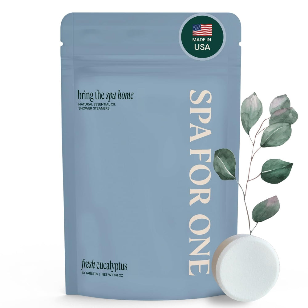 Spa For One eucalyptus shower steamer closeup showing natural oils for a refreshing start.