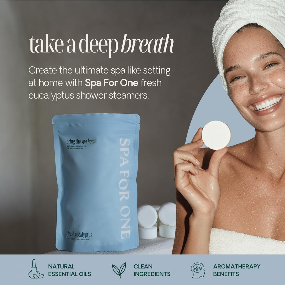 Spa For One eucalyptus steamer on shower floor releasing invigorating steam.
