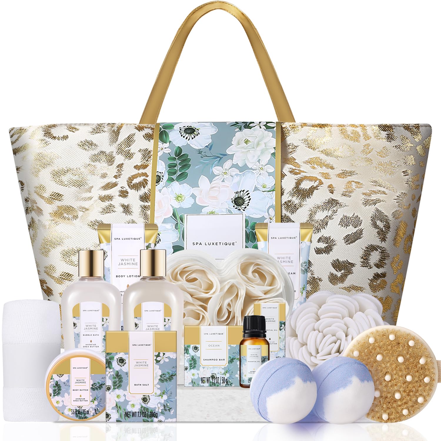 Spa Luxetique 15pc gift basket with white jasmine for at-home pampering