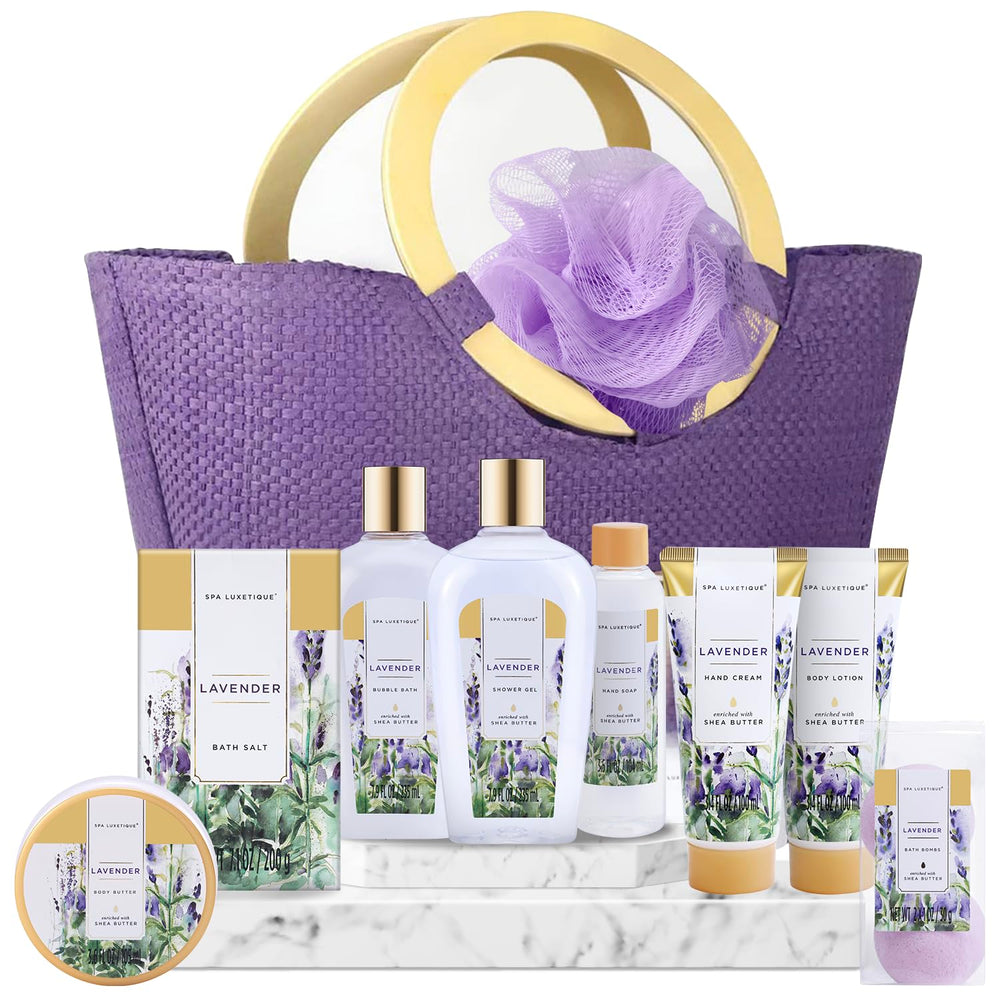 Spa Luxetique lavender gift basket front view for a soothing at-home spa experience.