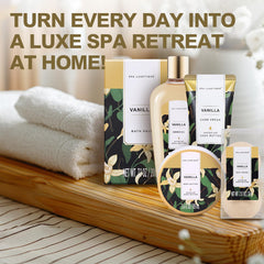 Spa Luxetique vanilla bubble bath bottle enhances a relaxing soak.
