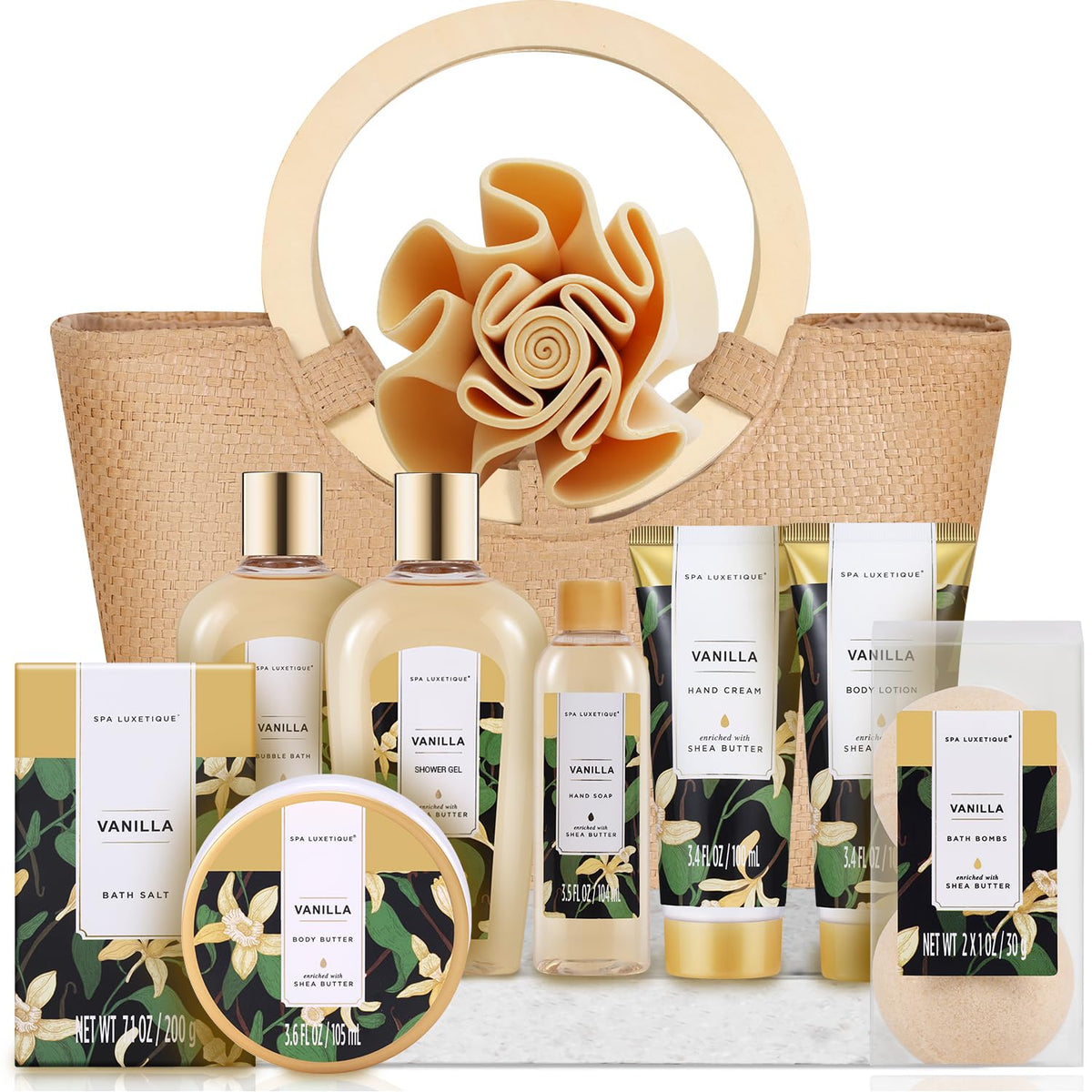 Spa Luxetique vanilla spa gift basket front view for luxurious at-home pampering.