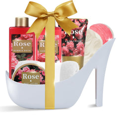 Spa Luxetique World high heel gift set with rose motif for glamorous unboxing.