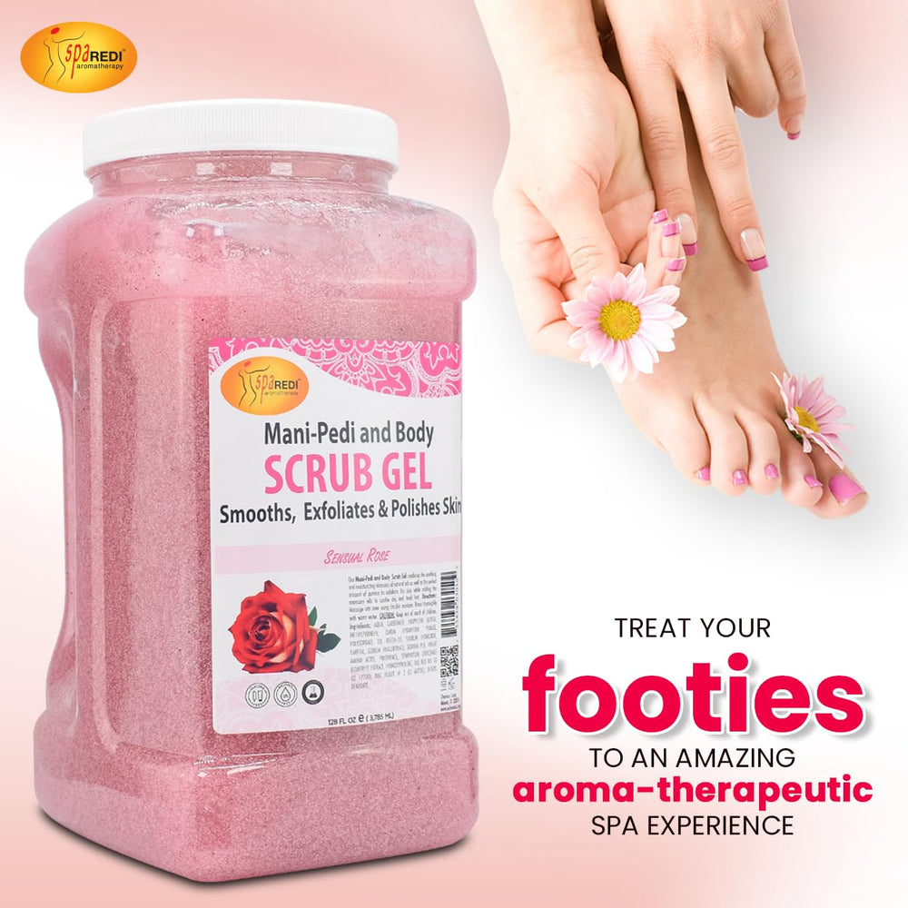 Panthenol and comfrey extract in SPA REDI scrub gel showing nourishing ingredients.