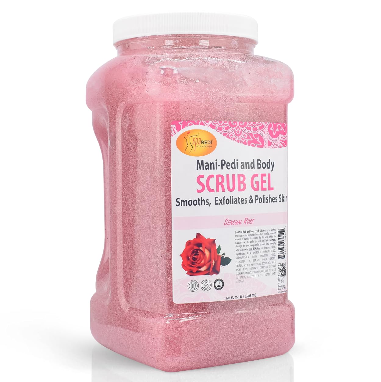 SPA REDI Sensual Rose Pumice Scrub Gel bottle showing exfoliating texture for smoother skin.