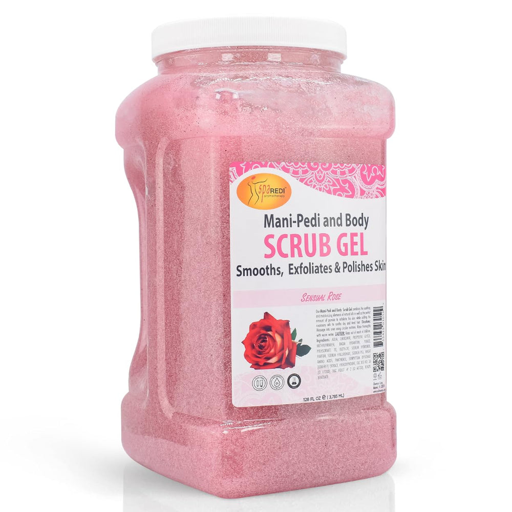 SPA REDI Sensual Rose Pumice Scrub Gel bottle showing exfoliating texture for smoother skin.