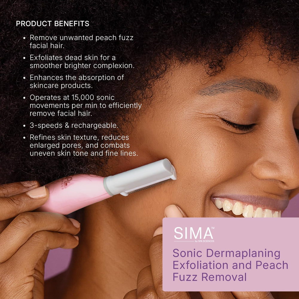 Spa Sciences SIMA dermaplaning tool removing peach fuzz and smoothing skin texture.