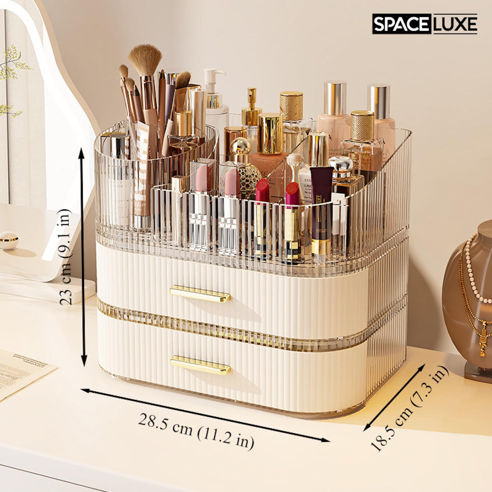 SpaceLuxe multi-layer storage maximizing countertop space for cosmetics and fragrance
