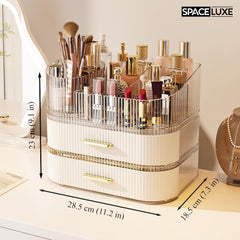 SpaceLuxe multi-layer storage maximizing countertop space for cosmetics and fragrance