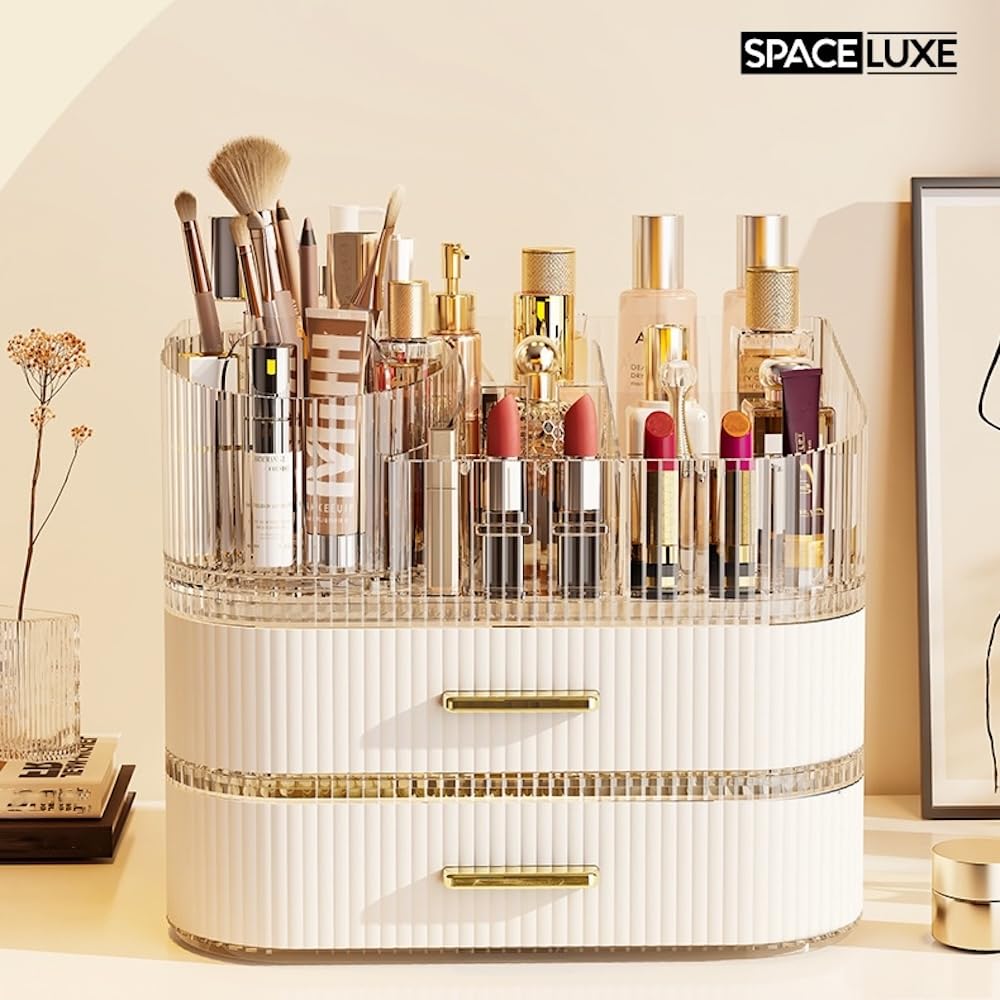 SpaceLuxe upper compartment slots for quick visibility of brushes and lip products