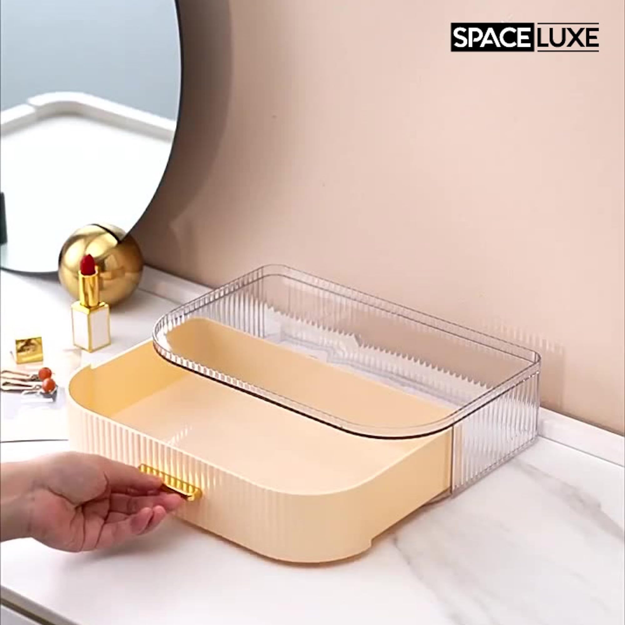 SpaceLuxe vanity organizer displayed on a stylish dresser