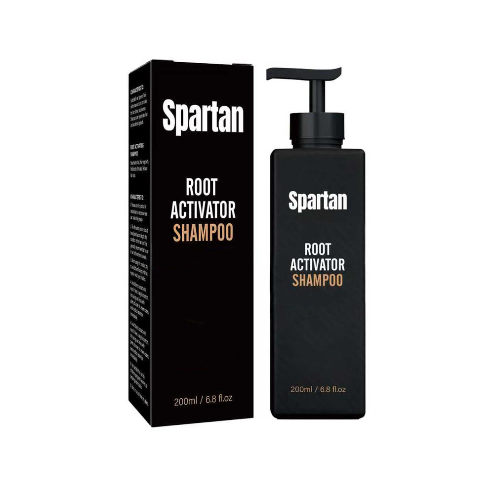 Spartan Root Activator shampoo bottle front view highlighting natural care for gray hair