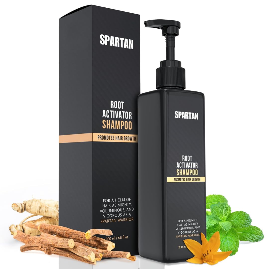 SPARTAN Root Activator Shampoo bottle for daily scalp cleansing and nourishment.