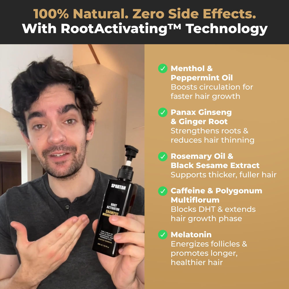 SPARTAN Root Activator Shampoo plant-based ingredients nourish hair from the root.