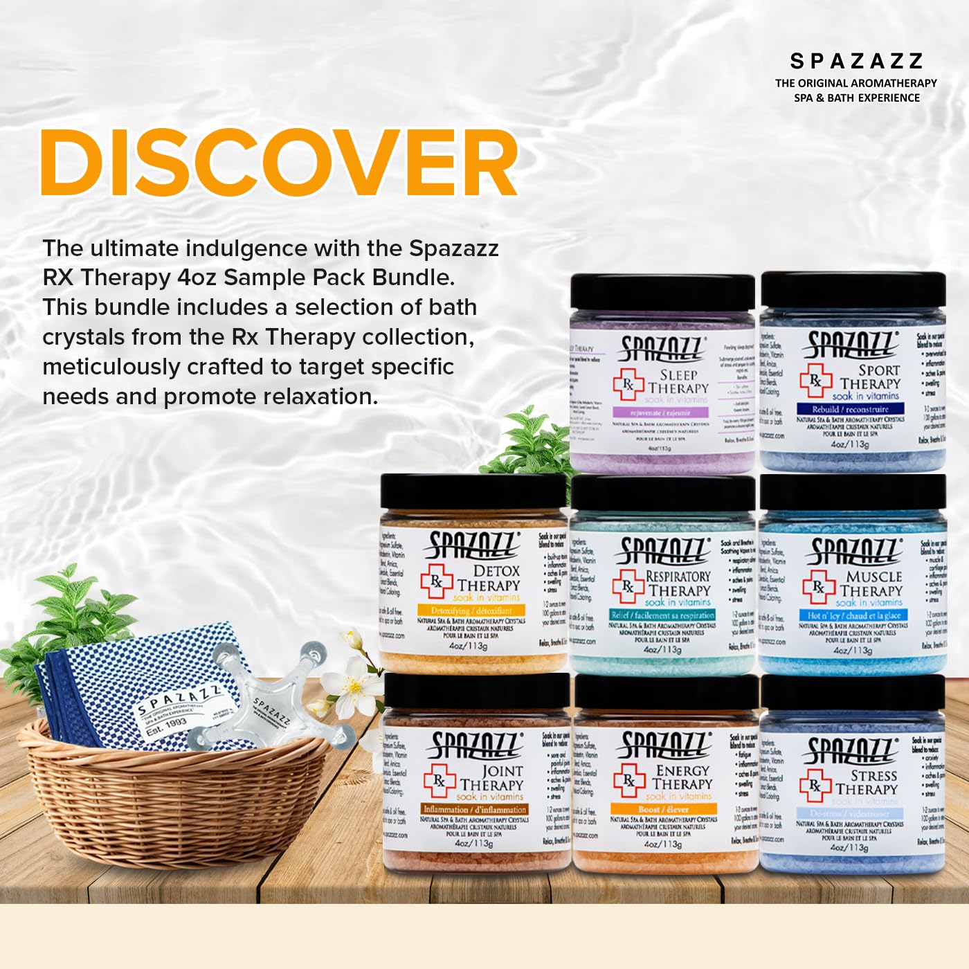 Spazazz RX Therapy Sport crystals for post-activity recovery soak.