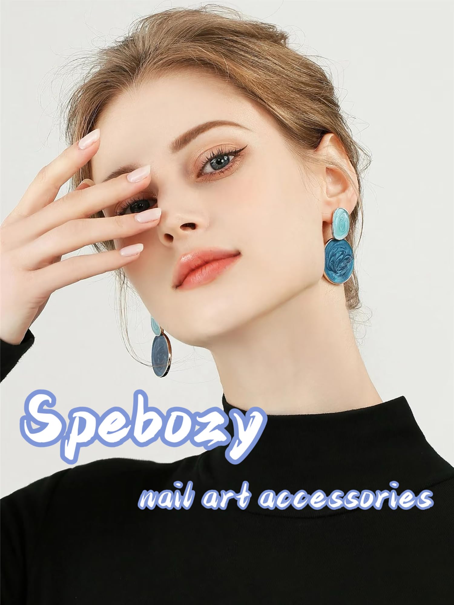 Spebozy uñas cortas ovaladas con flor azul, acabado brillante duradero