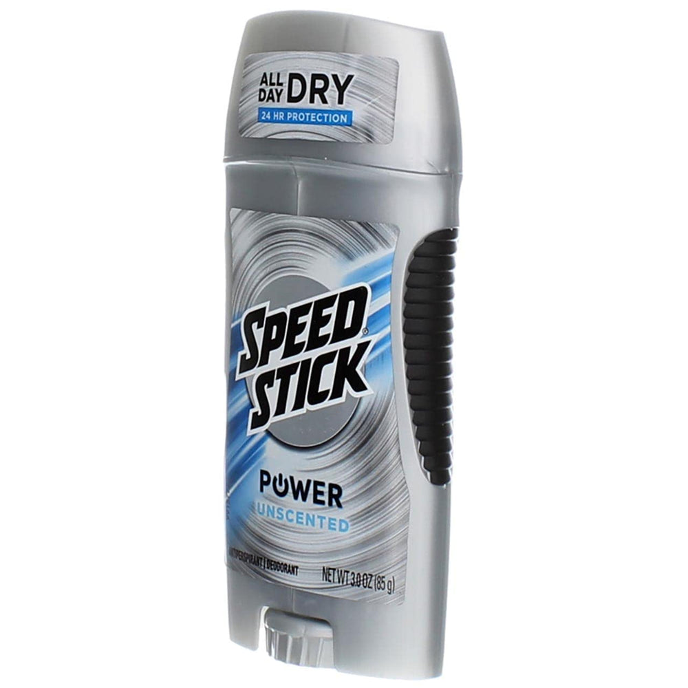 Speed Stick Power label detail shows fragrance-free formula for sensitive settings