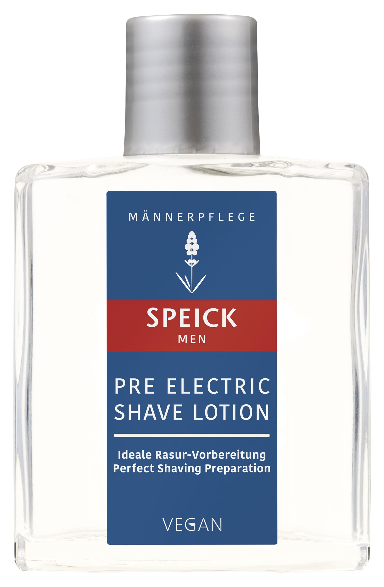 Speick Men Pre Electric Shave Lotion bottle with lavender, ready for pre-shave prep.