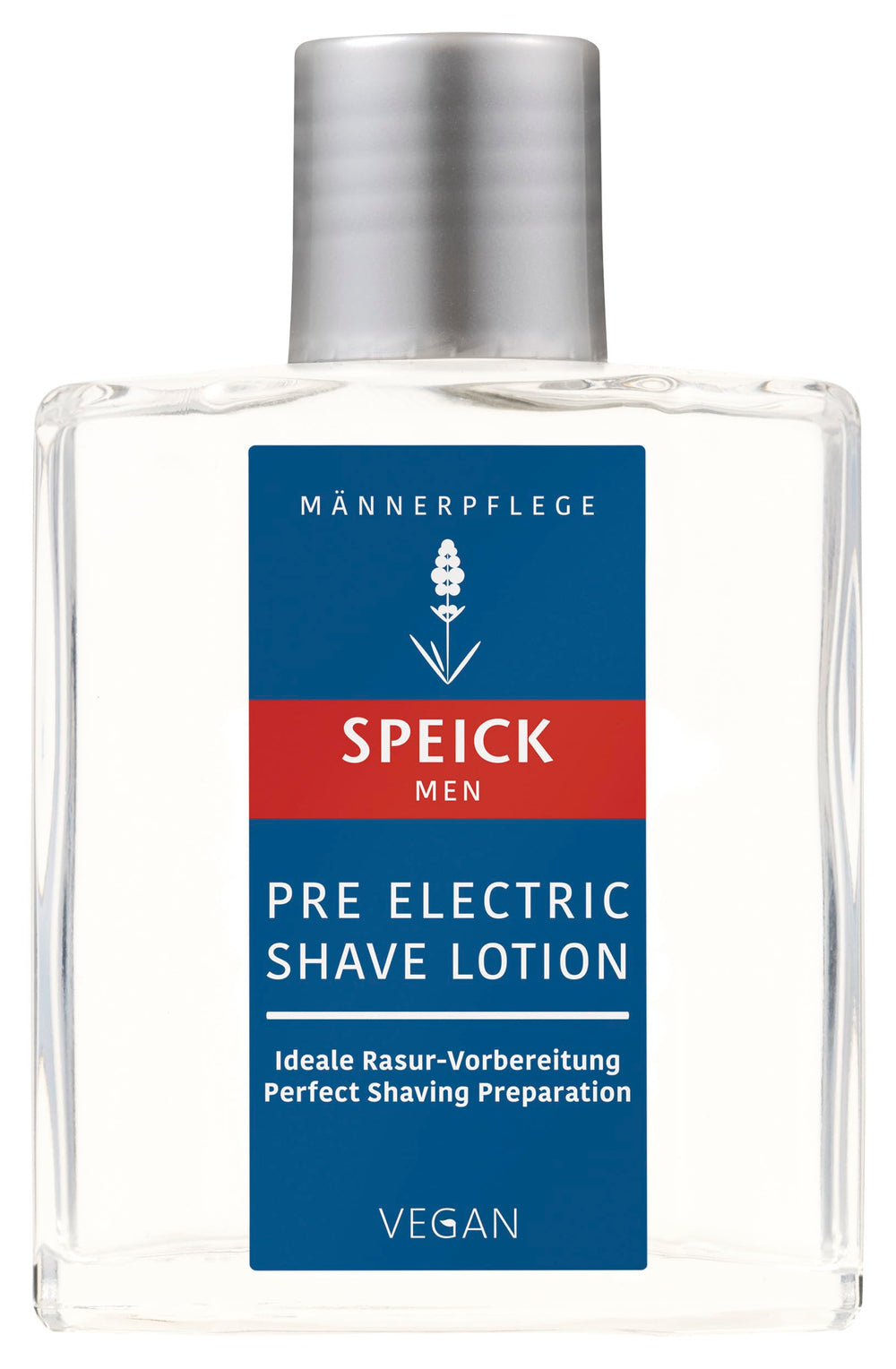 Speick Men Pre Electric Shave Lotion bottle with lavender, ready for pre-shave prep.