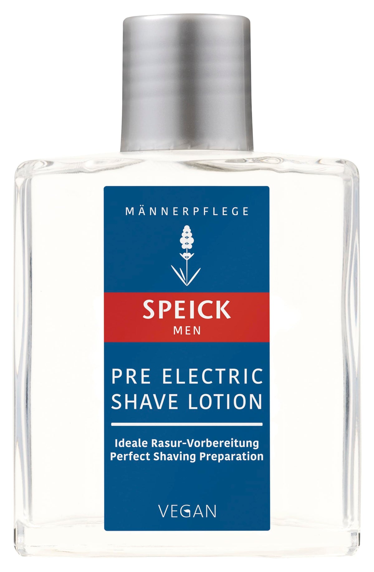 Speick Men Pre Electric Shave Lotion bottle with lavender, ready for pre-shave prep.