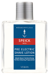 Speick Men Pre Electric Shave Lotion bottle with lavender, ready for pre-shave prep.