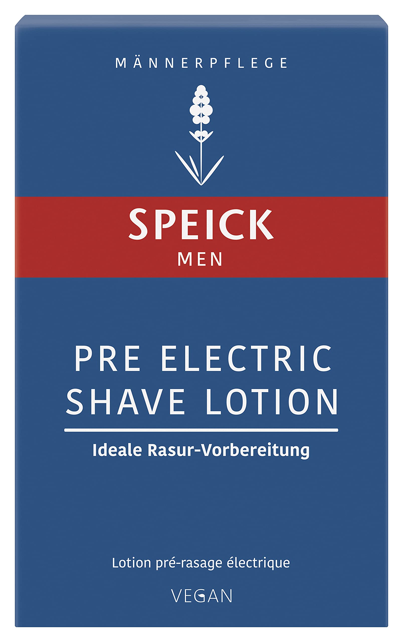 Speick Men Pre Electric Shave Lotion packaging featuring lavender, supports pre-shave ritual.