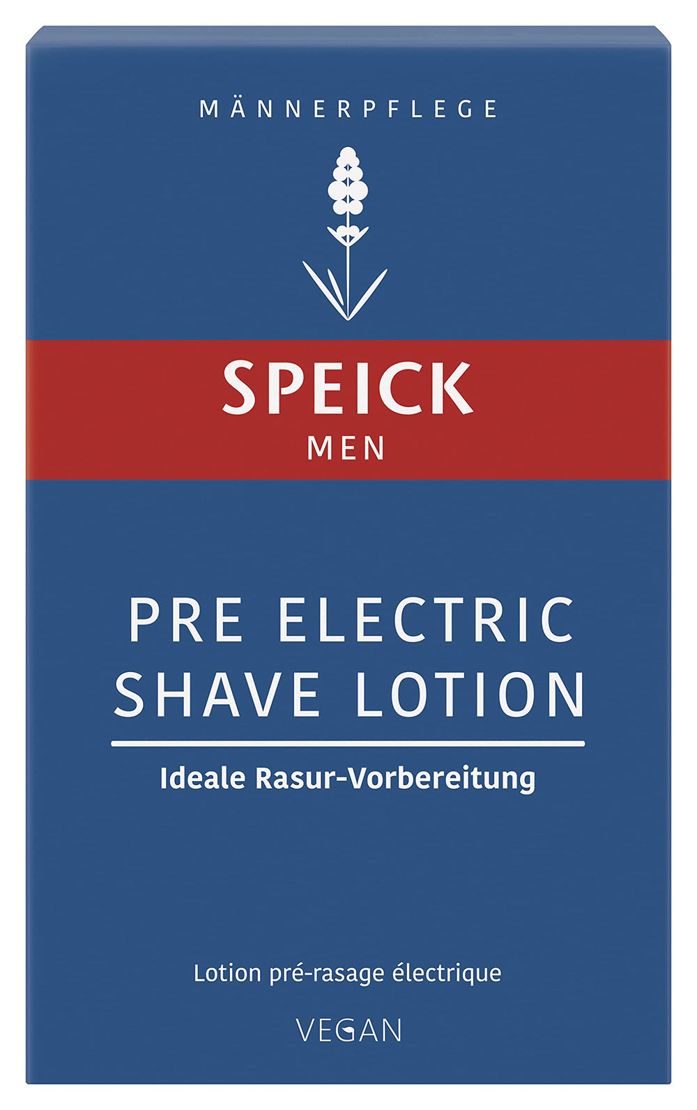Speick Men Pre Electric Shave Lotion packaging featuring lavender, supports pre-shave ritual.