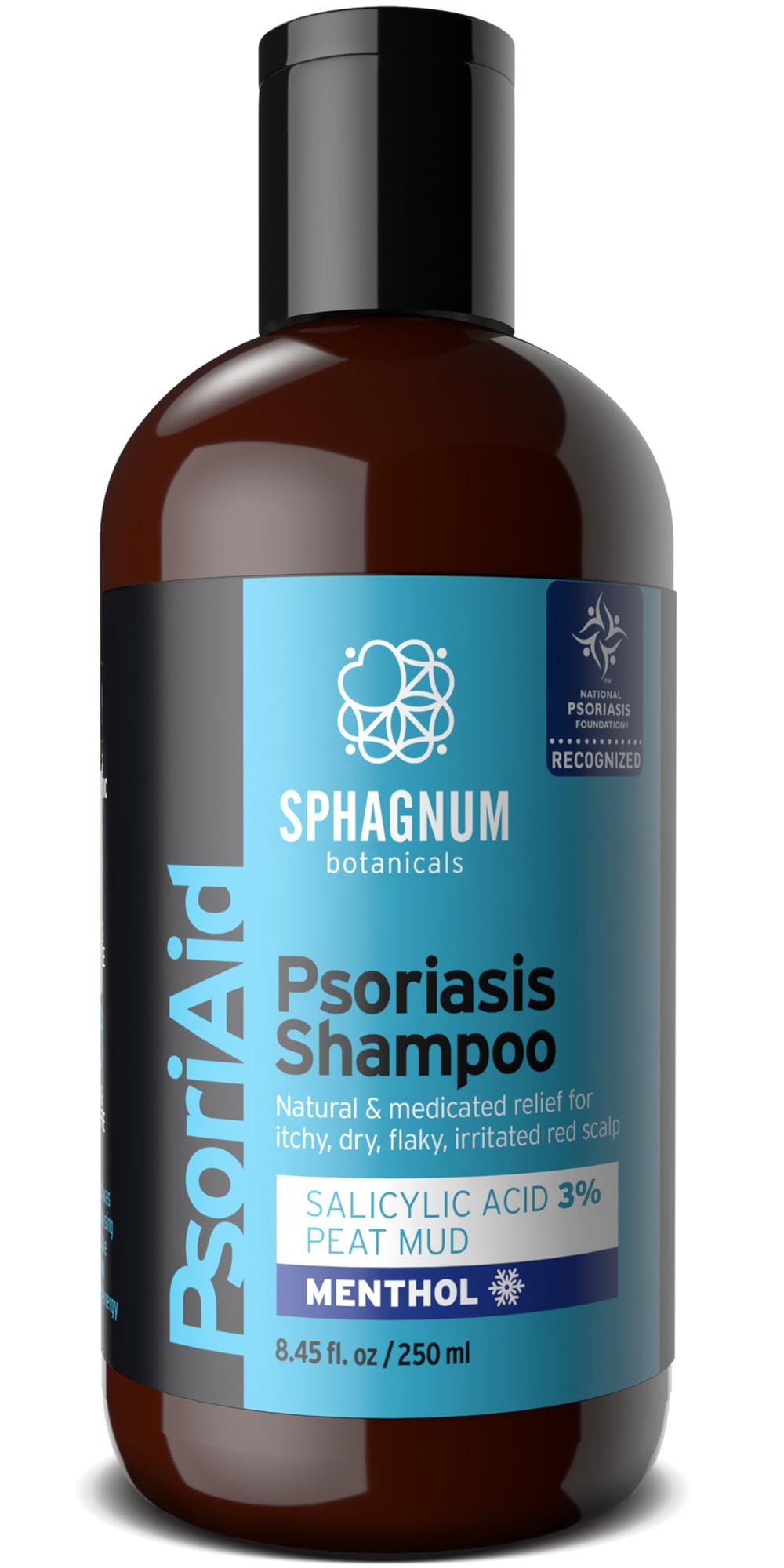 Sphagnum Botanicals Psoriasis Shampoo with Menthol Drops cools and soothes the scalp.