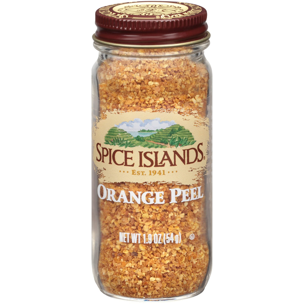 Spice Islands orange peel bottle ready to brighten recipes with citrus zest.