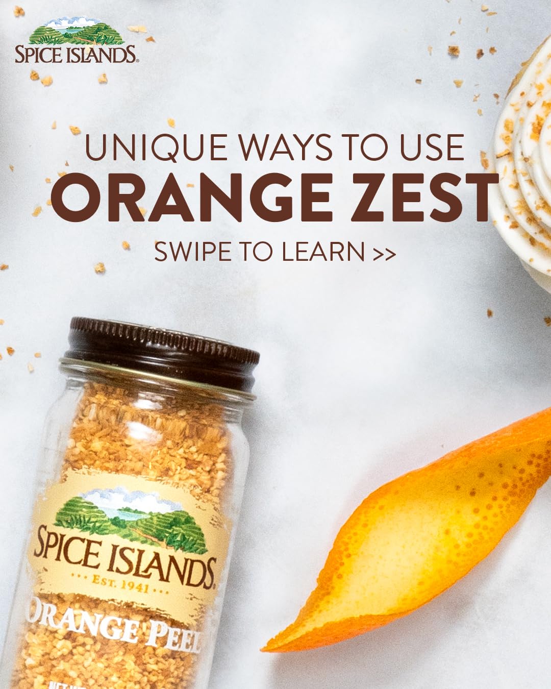 Spice Islands orange peel pour captures aromatic drizzle of citrus flavor.