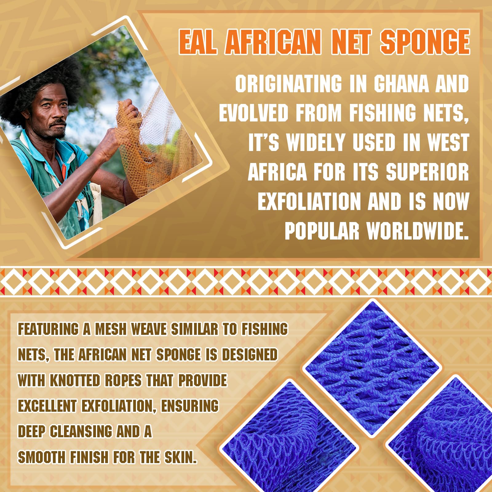 SpiralScgv African Net Sponge detailed weave highlights gentle exfoliation.
