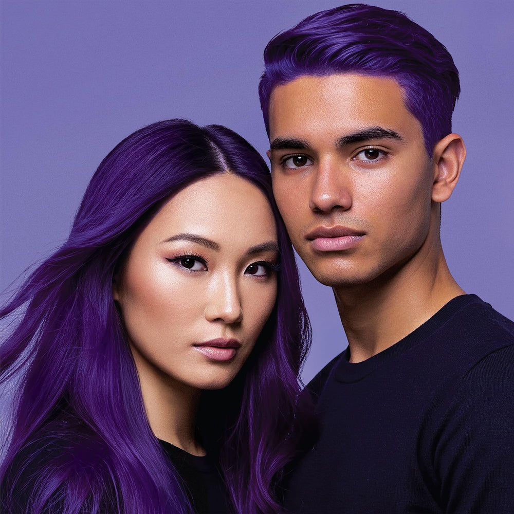 Before-and-after look showcasing bold hair transformation with Splat.