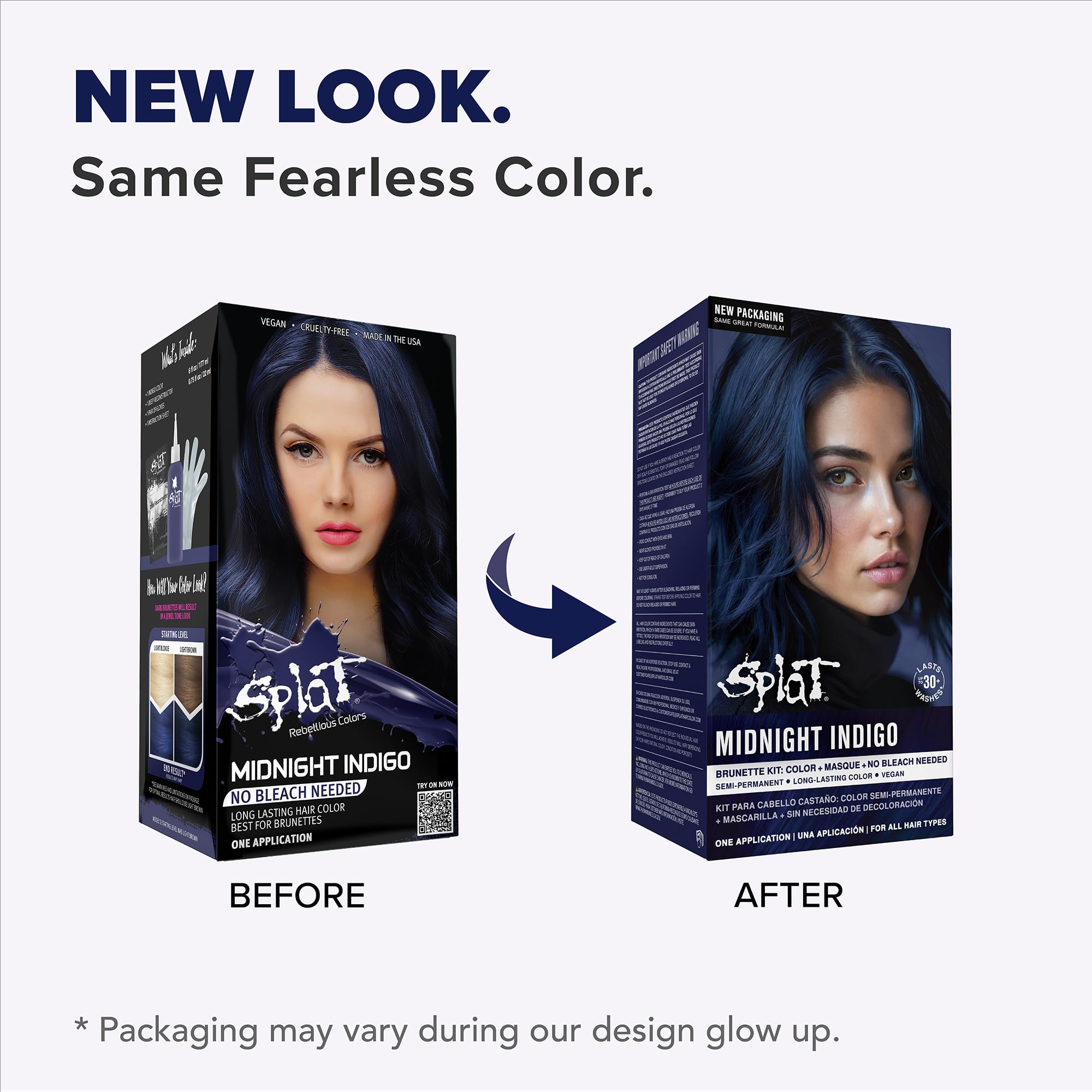 Splat Midnight Indigo bottle back highlighting no bleach formula.