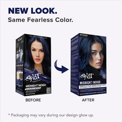 Splat Midnight Indigo bottle back highlighting no bleach formula.