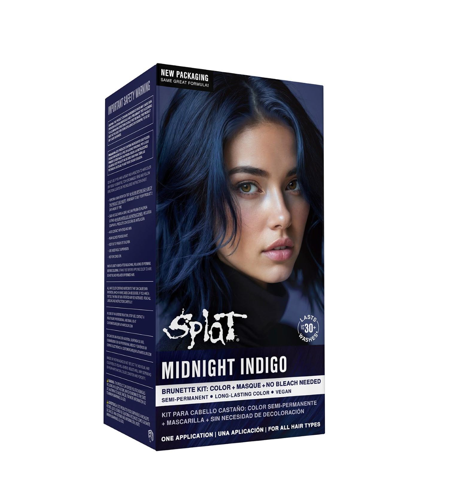 Splat Midnight Indigo bottle front showing vegan color option for brunettes.