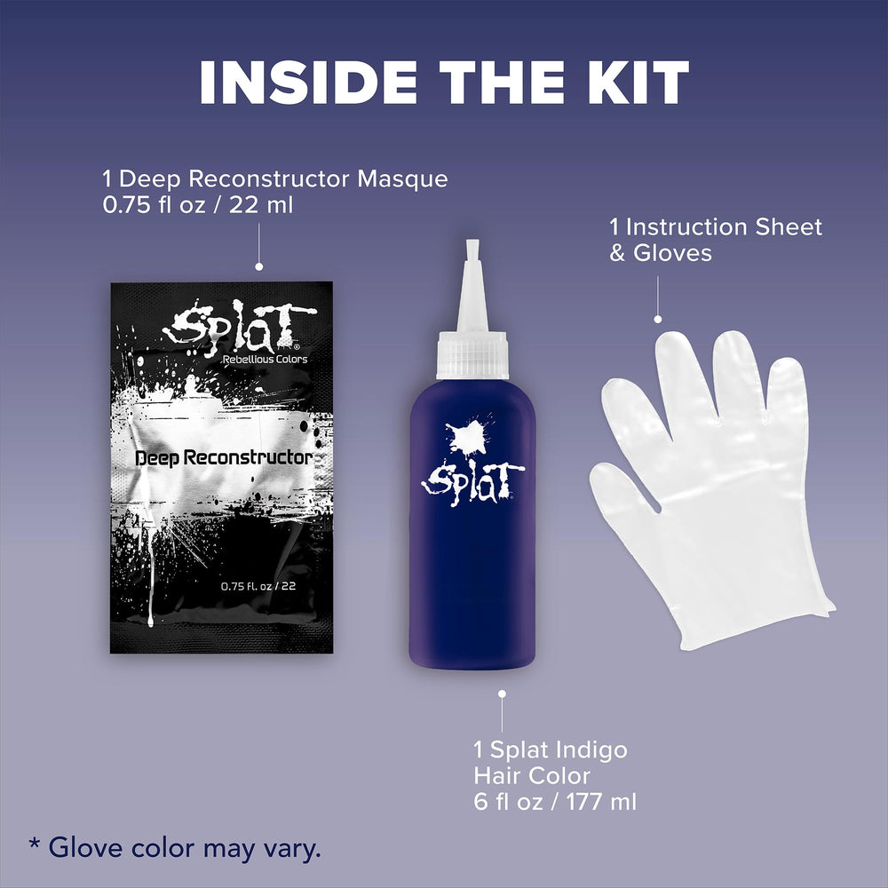 Splat Midnight Indigo on brunette hair for rich midnight-indigo color.
