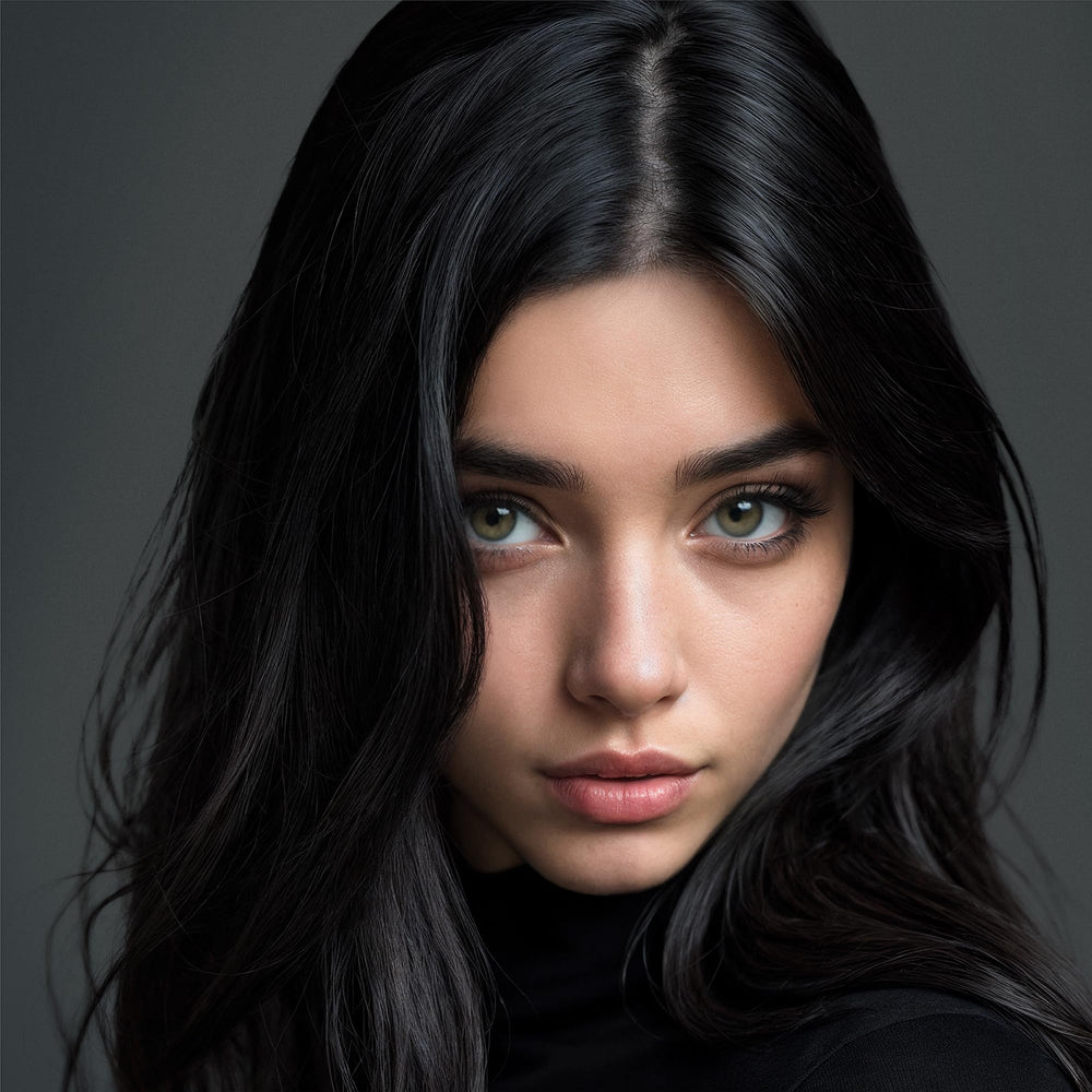 Hair after treatment displaying deep black color and shine