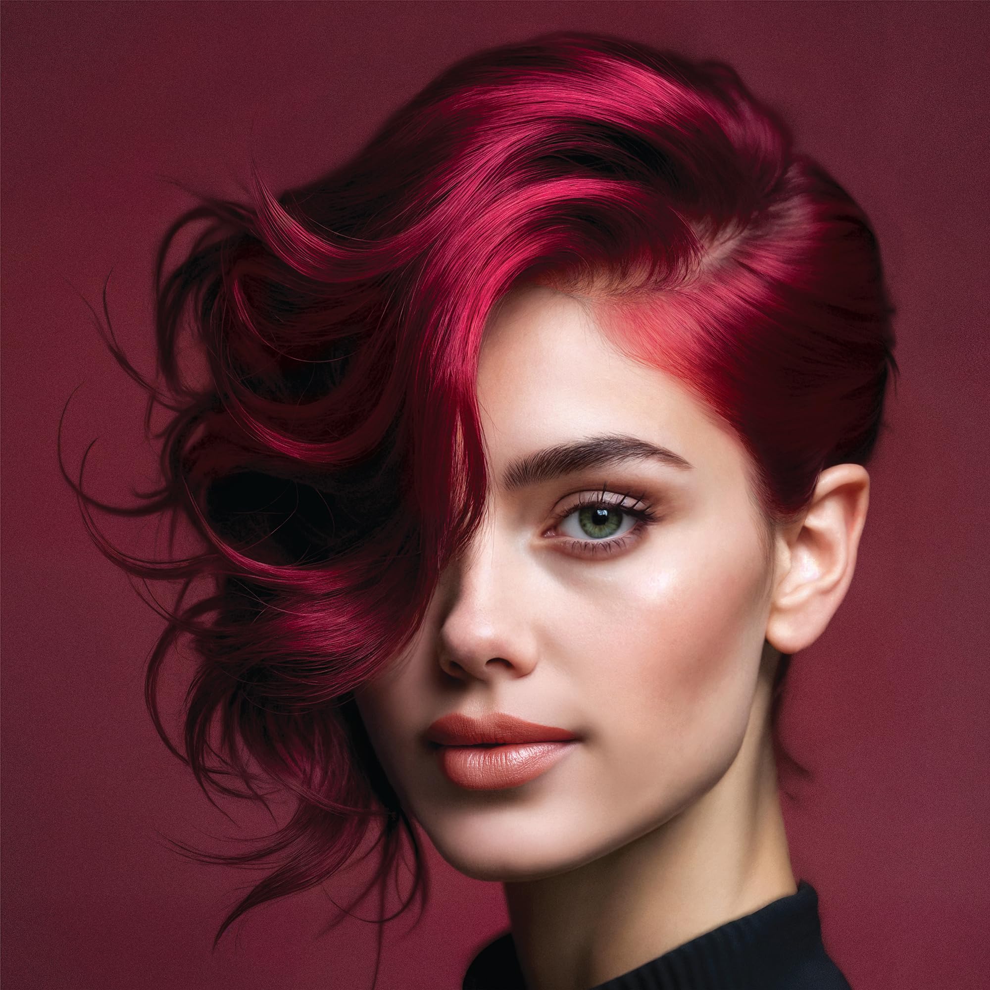 Splat Midnight Ruby color result on hair with vivid crimson tone.