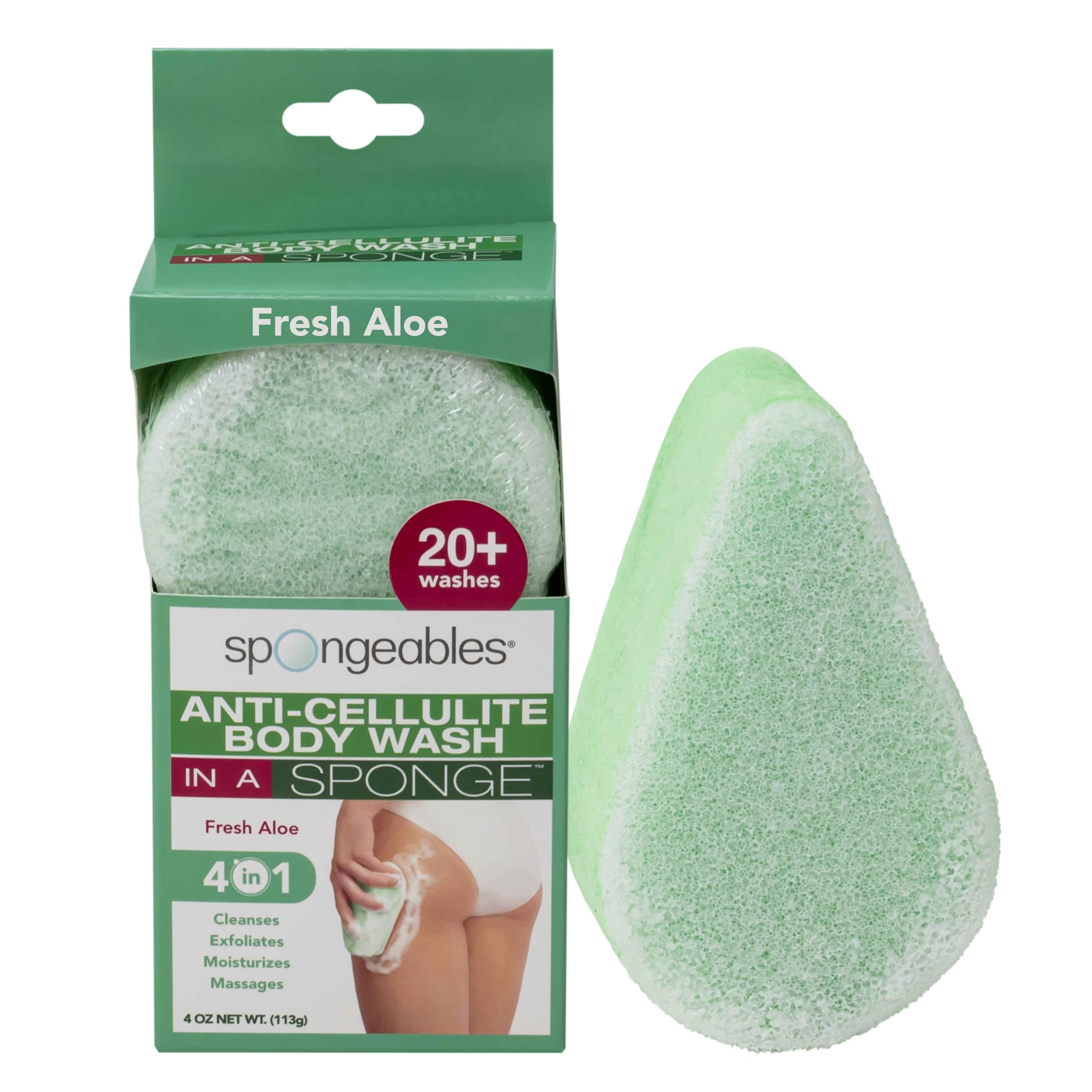 Spongeables anti cellulite sponge with foam release delivers rich lather for cleansing.