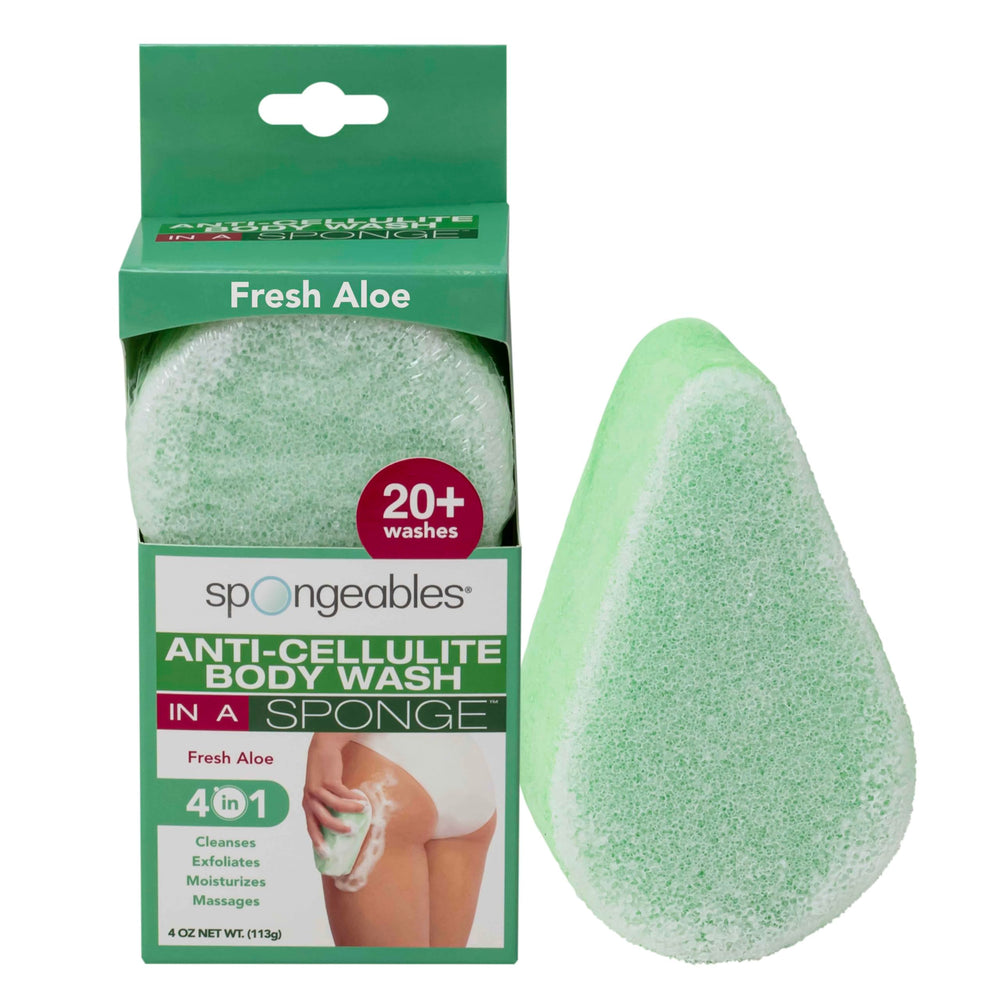 Spongeables anti cellulite sponge with foam release delivers rich lather for cleansing.