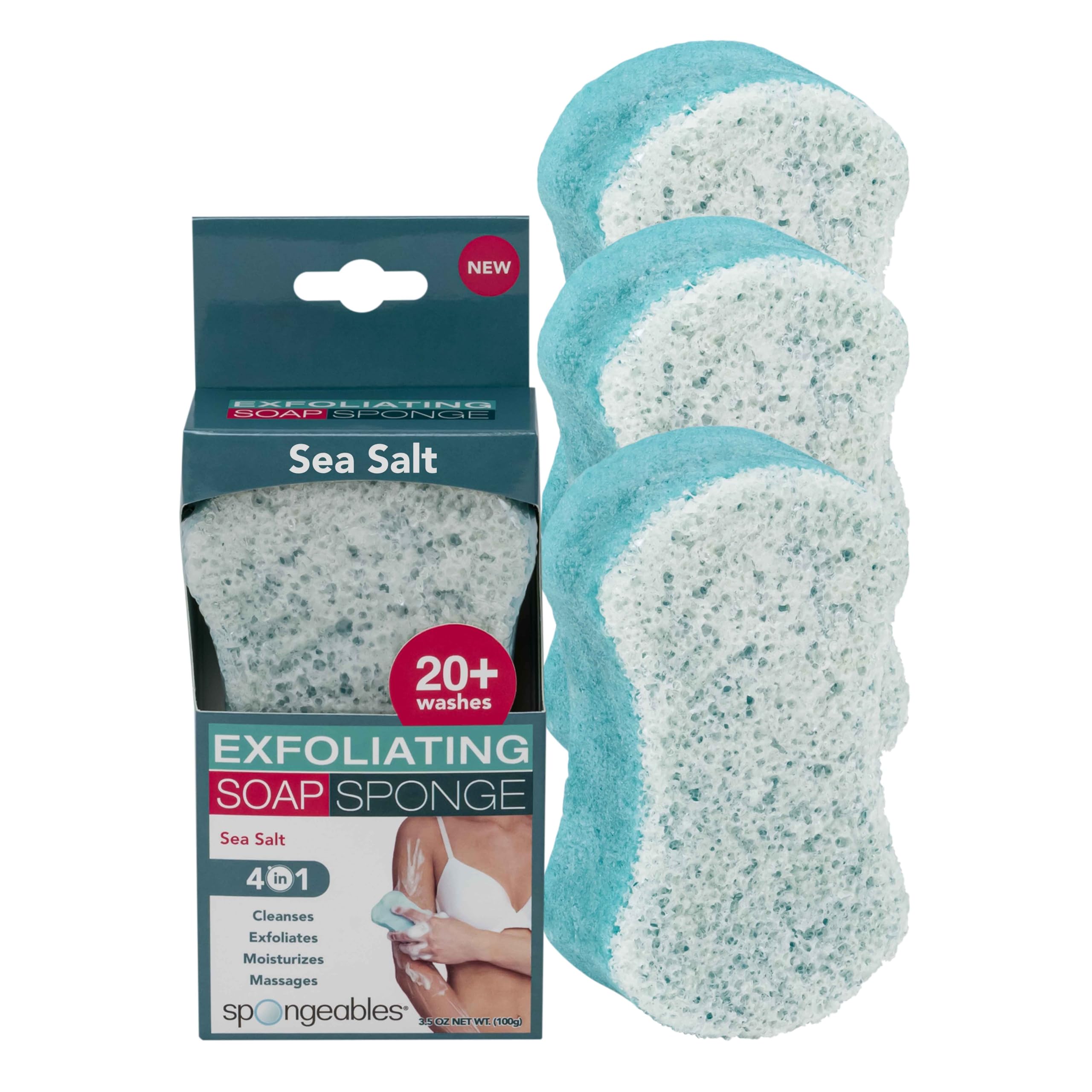 Spongeables esponja con jabón de sal marina, exfolia suavemente y limpia la piel.