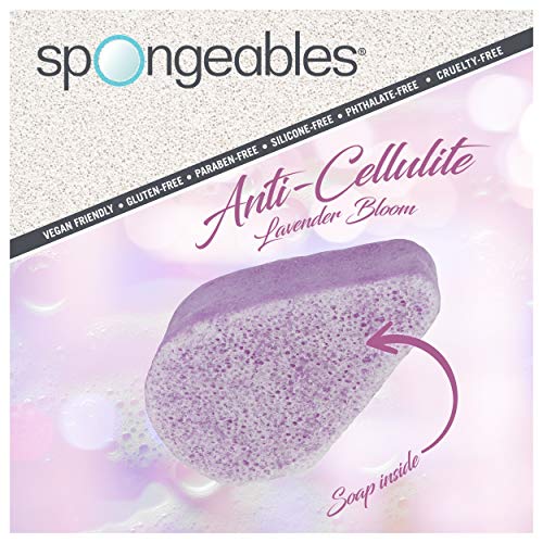 Spongeables Lavender Anti Cellulite Sponge packaging and 20+ washes promise.