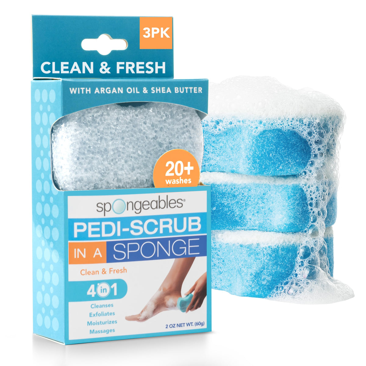 Spongeables Pedi Scrub Pie: espuma cremosa para pies y limpieza suave.