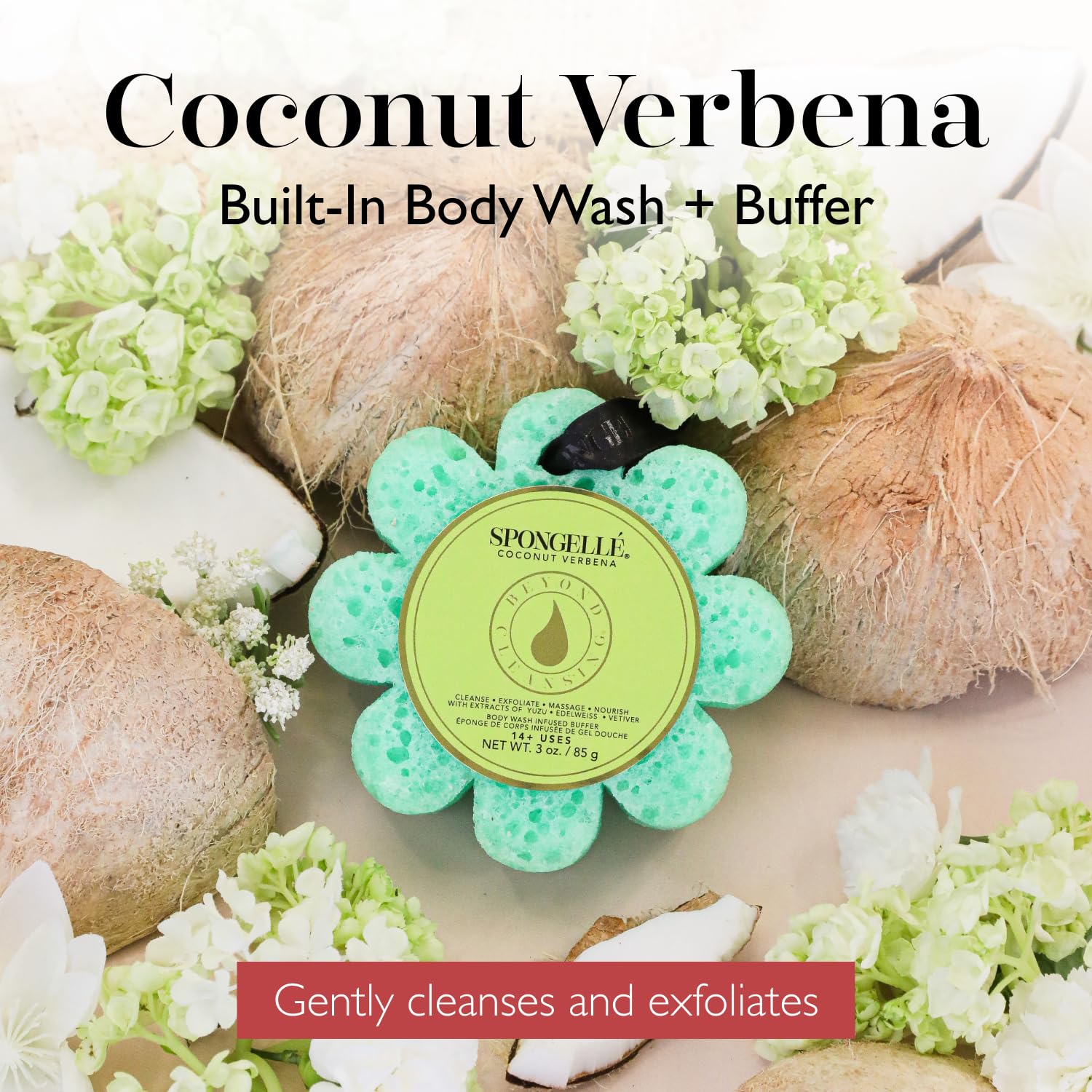 SPONGELLÉ Coco Verbena muestra espuma integrada para limpieza rápida y uniforme.