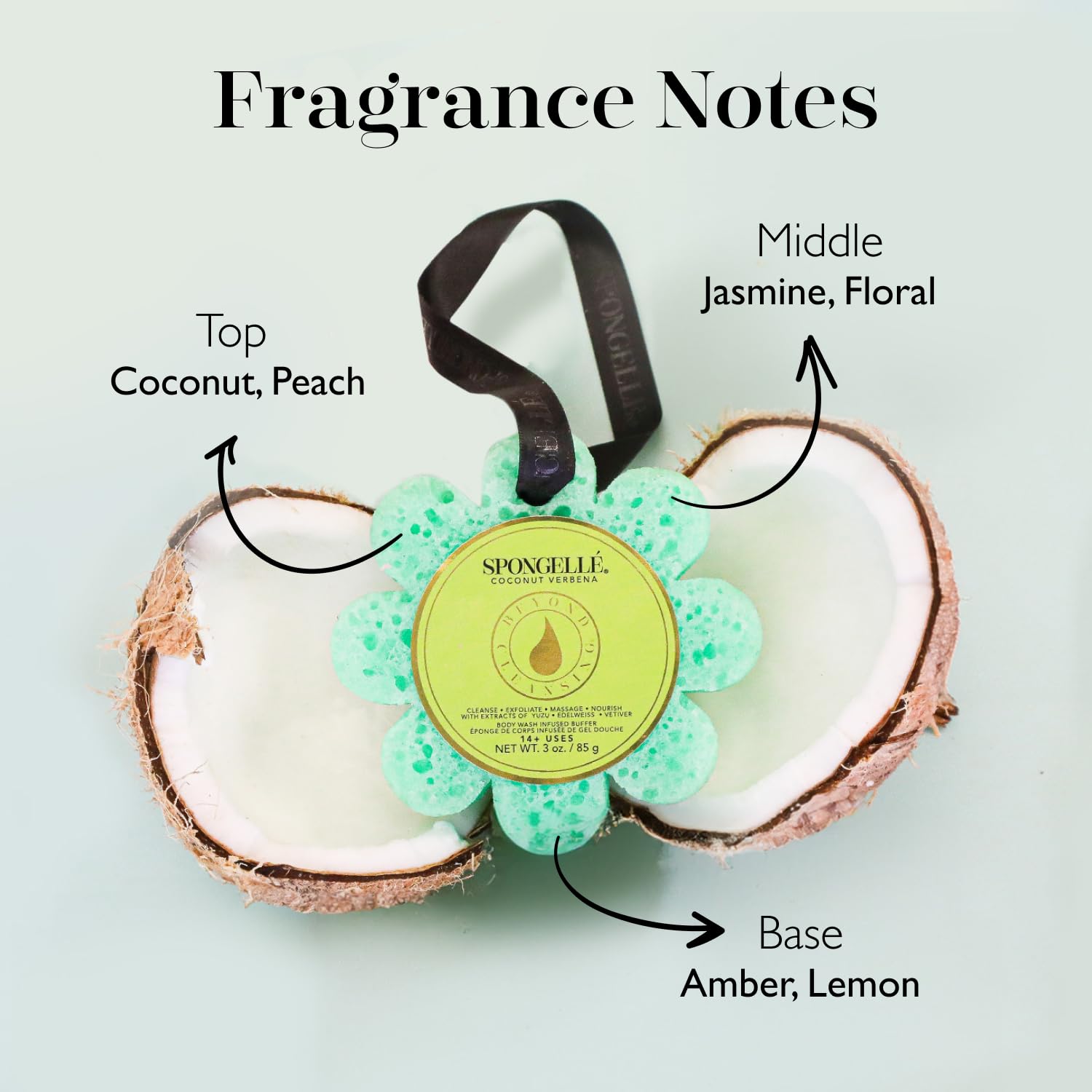 Esponja exfoliante SPONGELLÉ con Coco Verbena para piel suave tras la ducha.