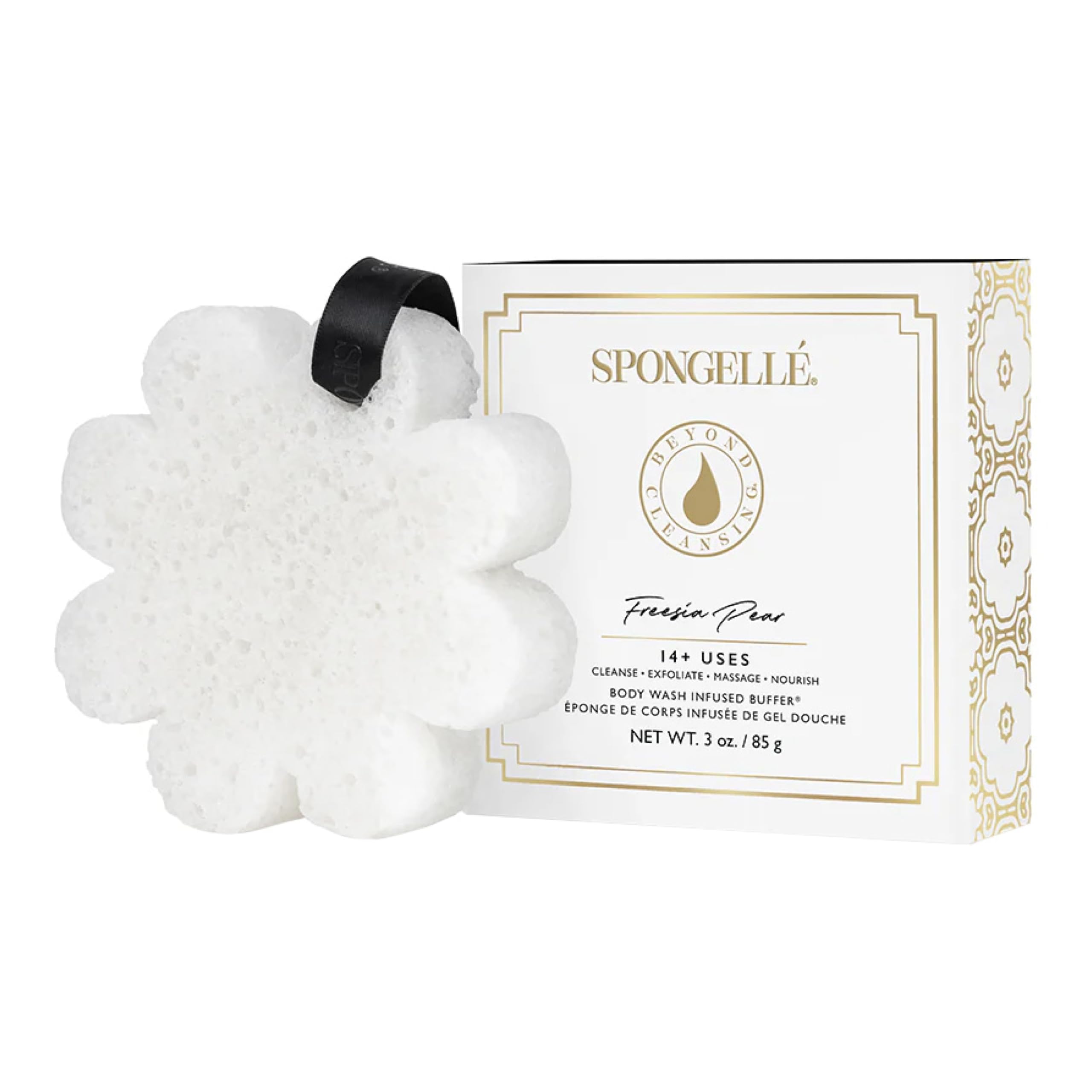 SPONGELLÉ exfoliante corporal buffer fresia pera para exfoliación suave y aroma floral.