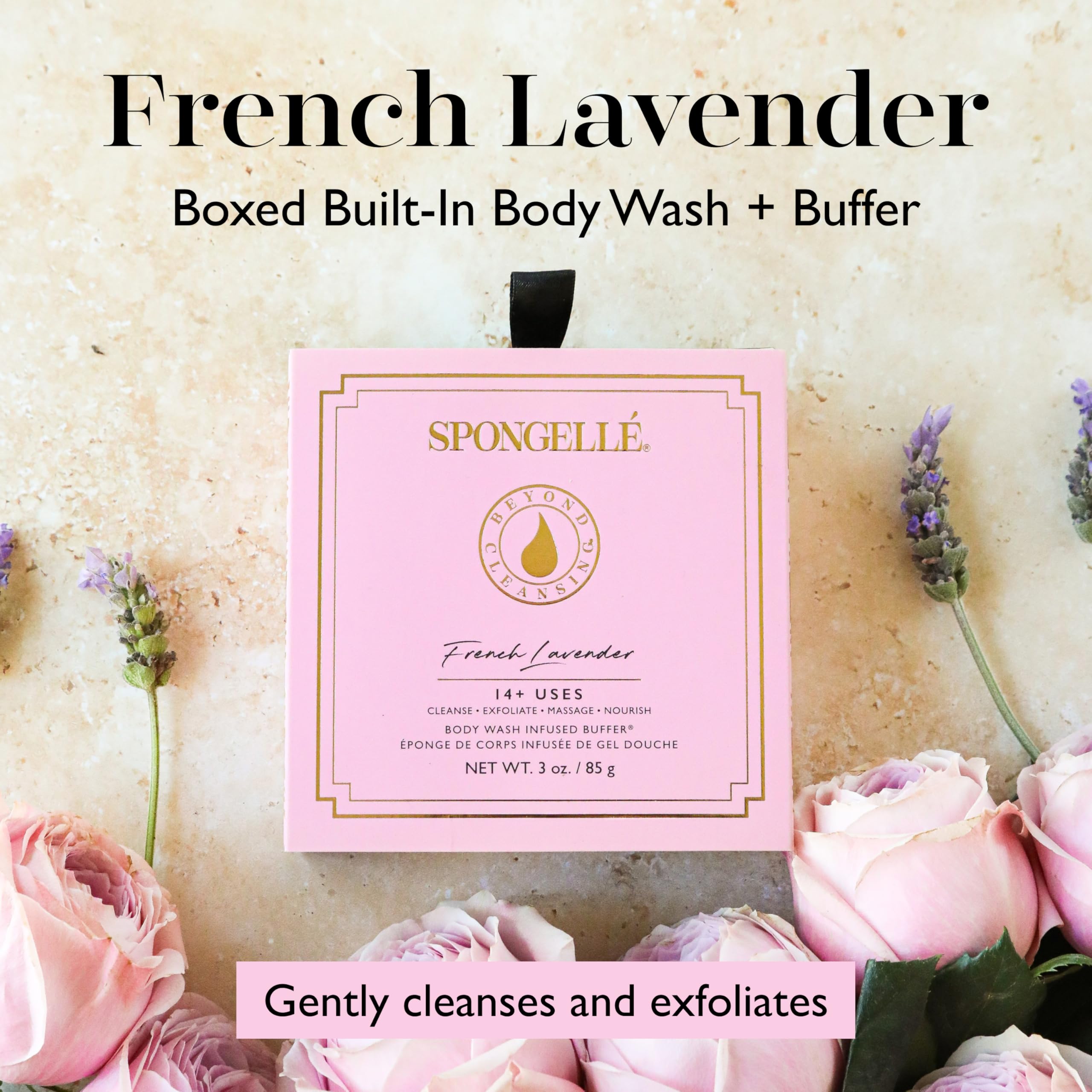 SPONGELLÉ lavanda francesa textura exfoliante suave para una piel renovada.