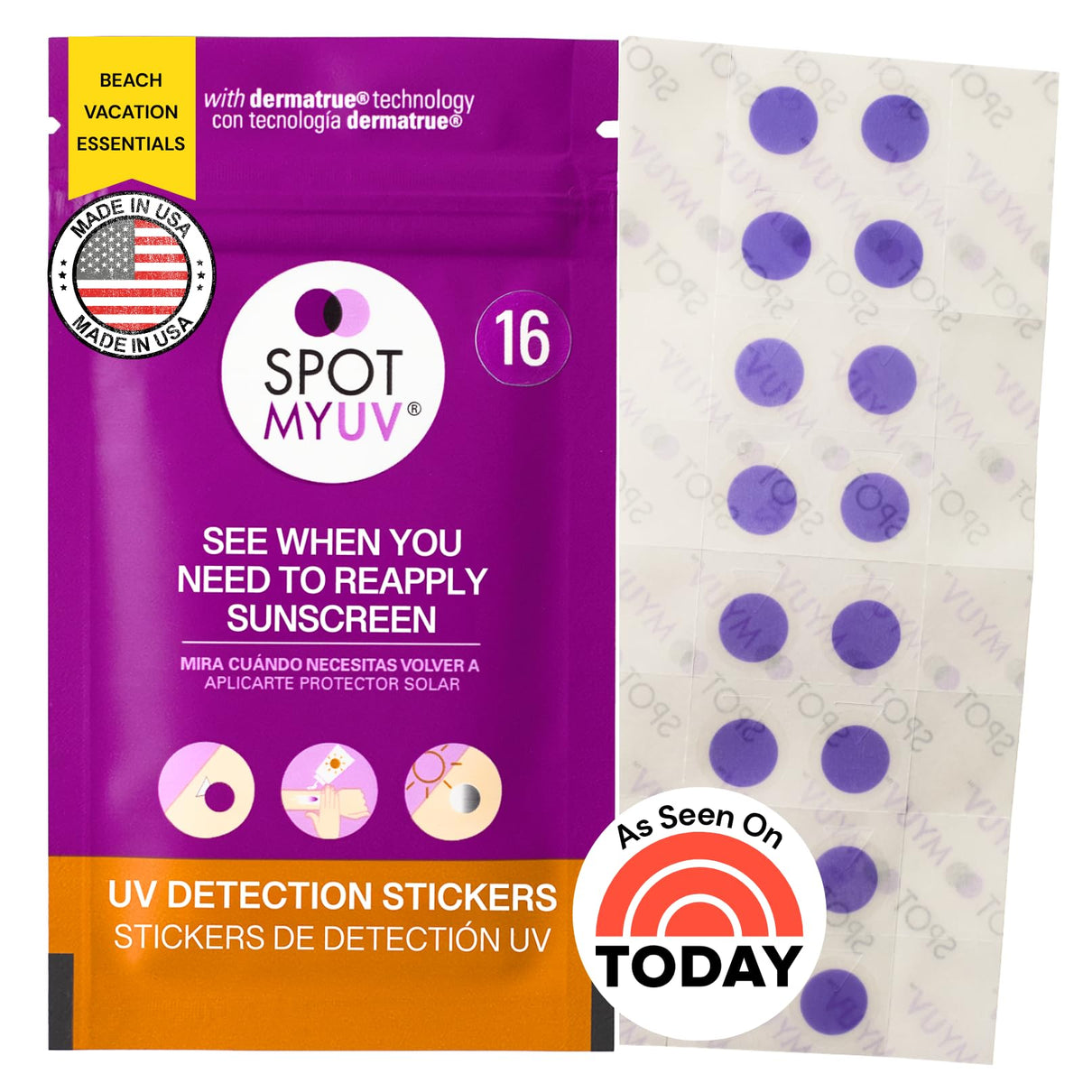 SpotMyUV detector de UV, pegatina que indica cuándo reaplicar para mayor protección solar.