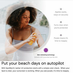 SpotMyUV pegatina fiable para uso diario en playa y piscina.