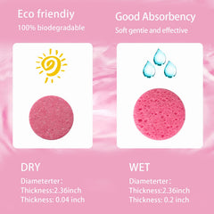 Spunspon pink round facial sponge shown in use for makeup removal.